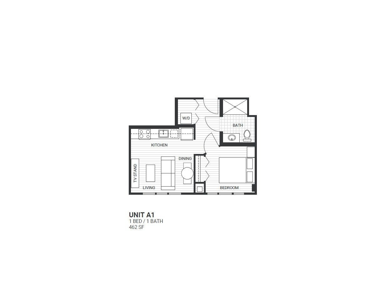 Floor plan for 1 bed, 1 bath, 459 sqft